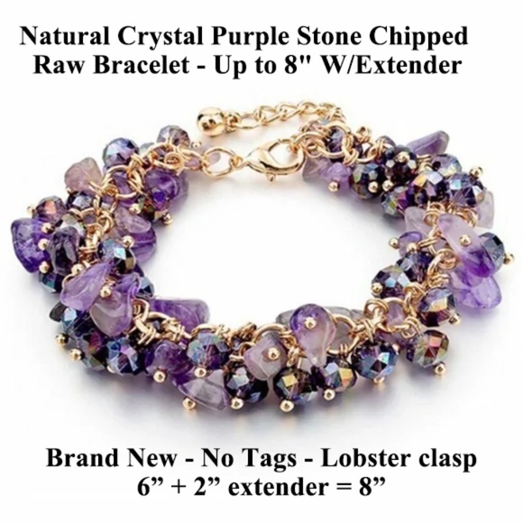 Unbranded Jewelry - Natural Crystal Purple Stone Chipped Raw Bracelet - Up to 8" W/Extender